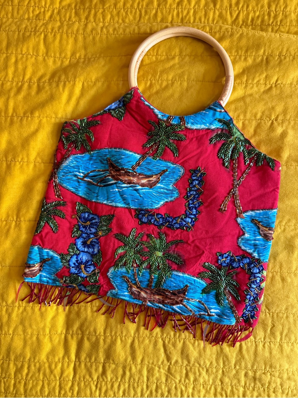 Vintage Hawaiian Tropical Red Beaded Fringe Bamboo Handle Bag